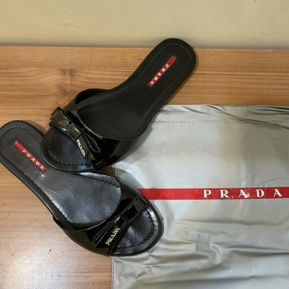 Prada Black Patent Leather Sandals Flat Shoes- 5.5